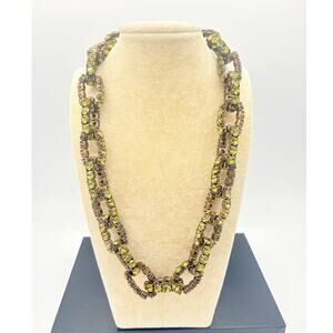 J.Crew Brass Link Necklace w/ Chartreuse Rhinestones, Heavy Spring Ring Clasp